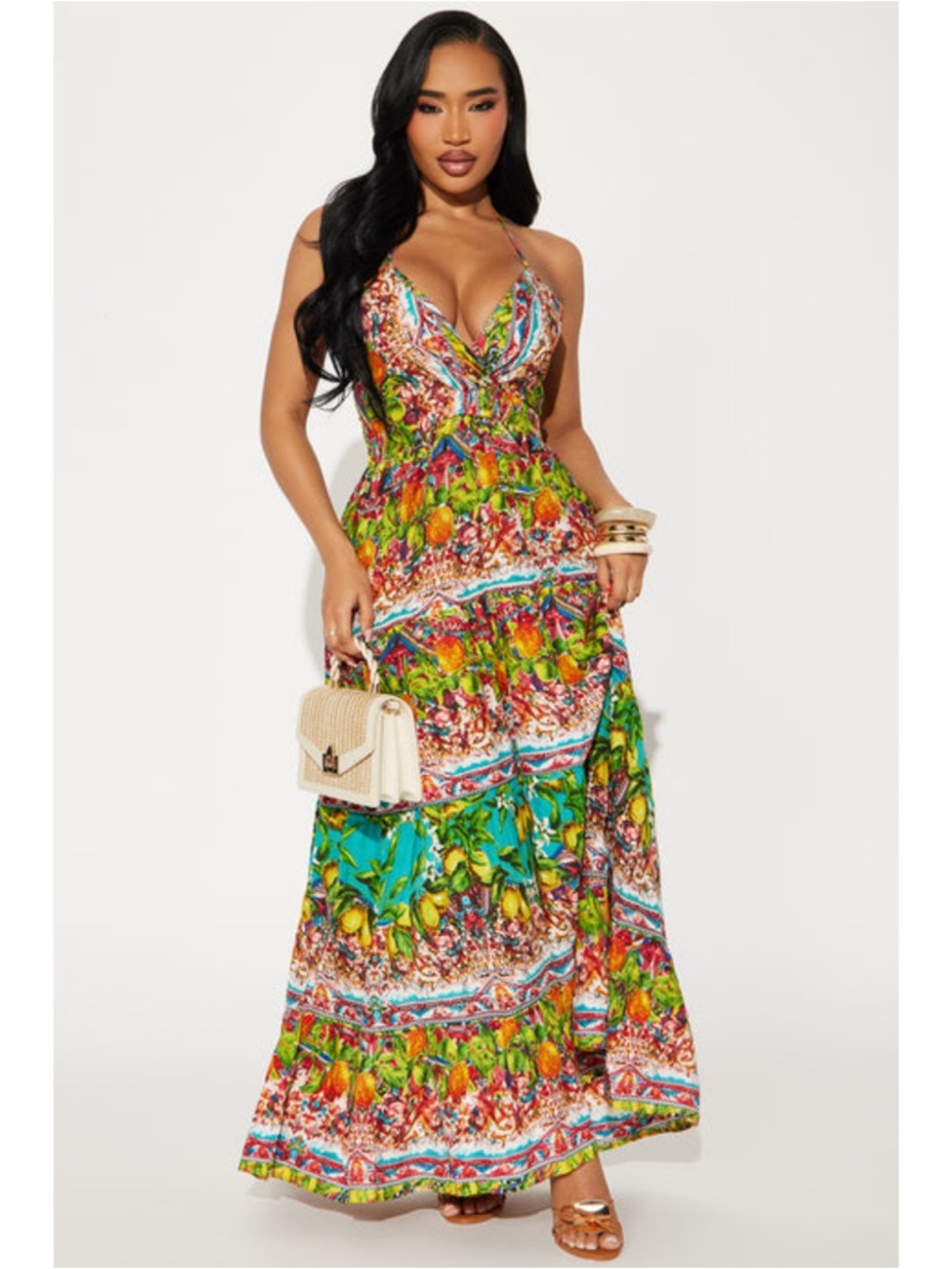 Fashion Nova Tropical Lemon Print Halter Maxi Dress Medium Boho Resort Vacation
